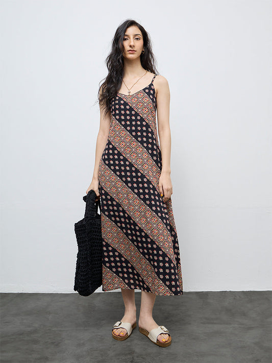 Bombay Paisley Black Printed Cotton A-Line Dress