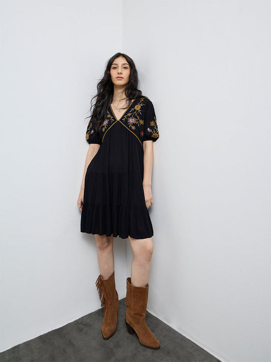 Bombay Paisley Black Embroidered Cotton A-Line Dress